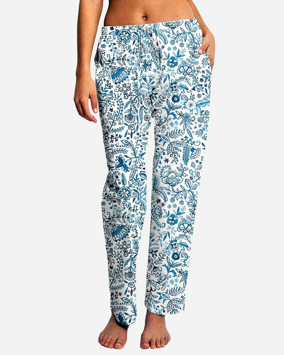 Womens cotton pyjamas pants - white blue Chandler pattern