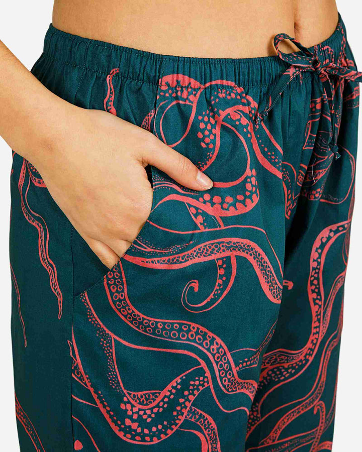 Womens cotton pyjamas pants - Pink octopuses on turquoise