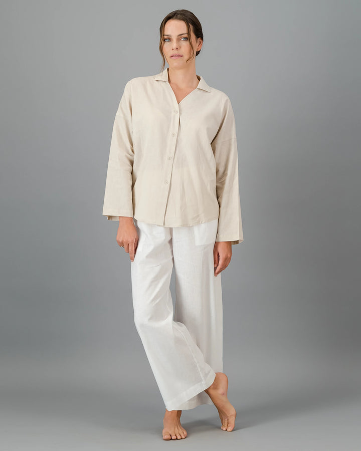 women beige linen shirt