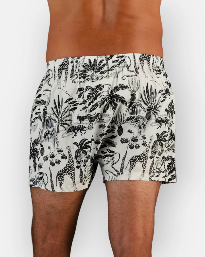 Black and white boxer shorts with safari patterns