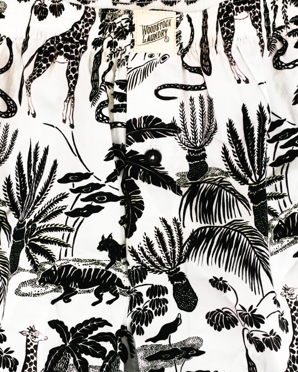 Black and white boxer shorts with safari patterns