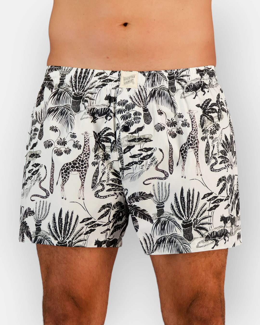 Black and white boxer shorts with safari patterns