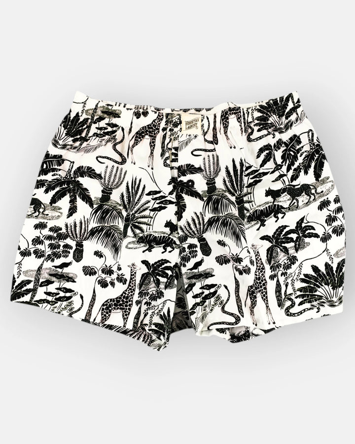 Black and white boxer shorts with safari patterns