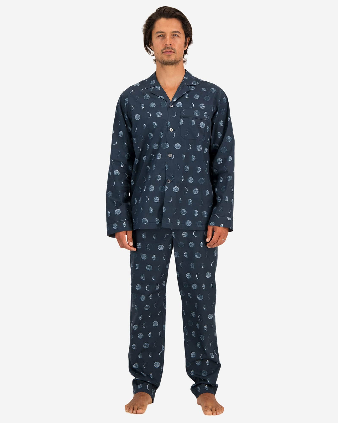 Blue mens pyjamas moon phases from front