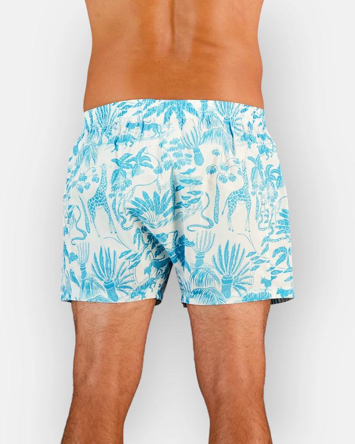 Blue and white boxer shorts with safari patterns