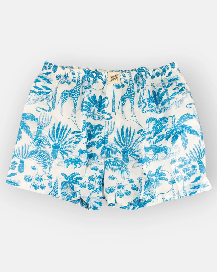 Blue and white boxer shorts with safari patterns