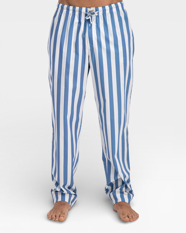 Mens blue and white striped trousers in cotton poplin.