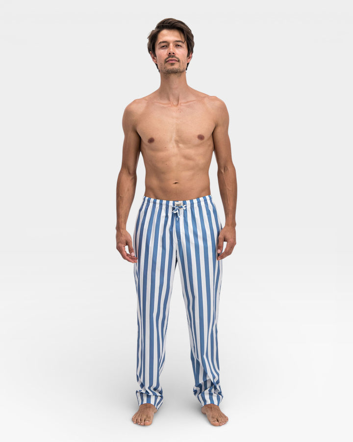 Thin mens blue and white striped trousers – cotton pants.