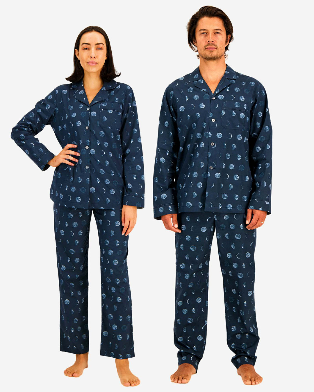 Couples matching pajamas with Christmas Moons design