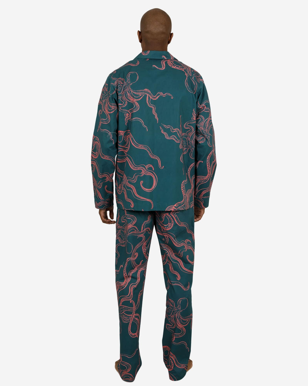 Green mens pyjamas with pink octopus from back