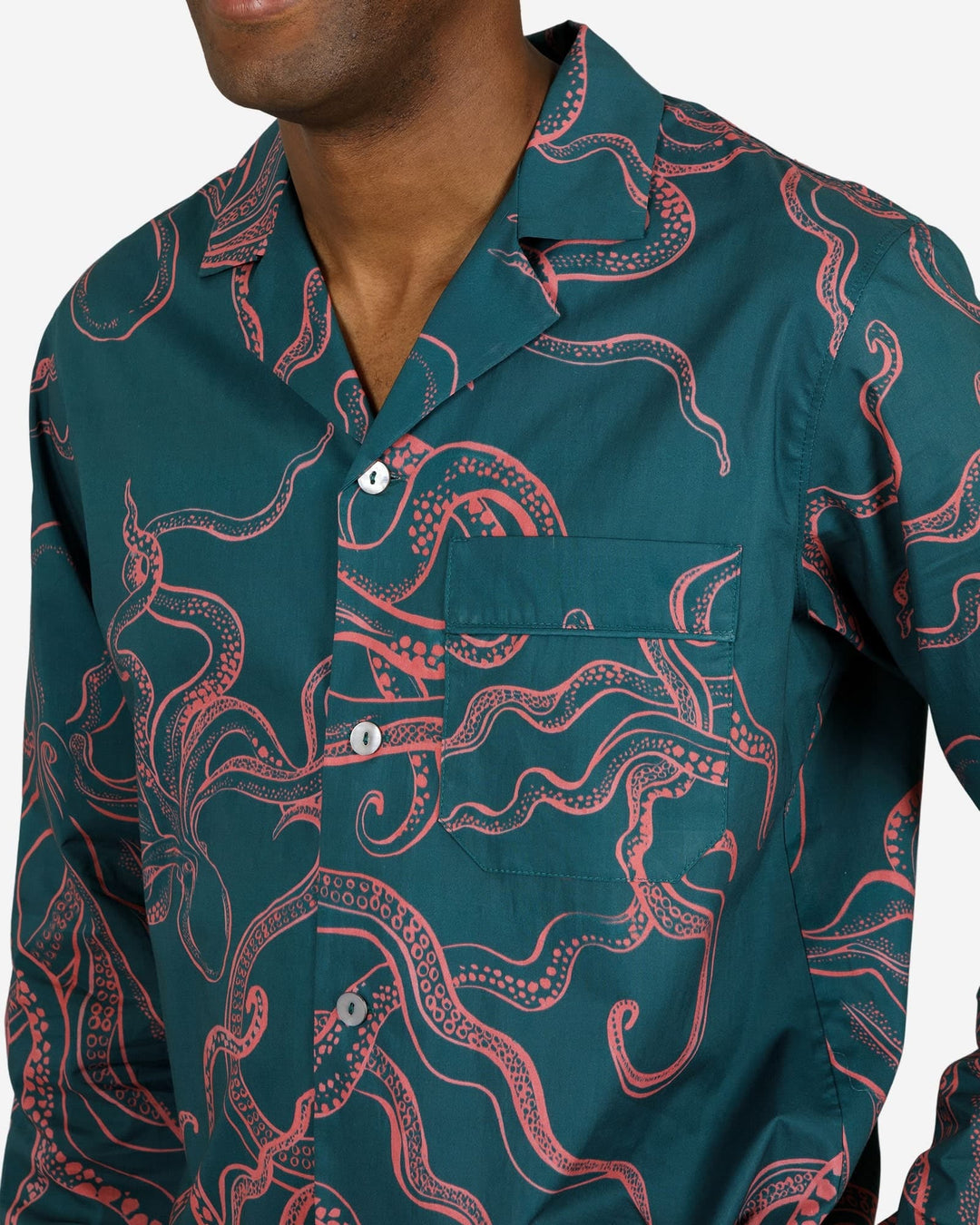 Green mens pyjamas with octopus pink - close up