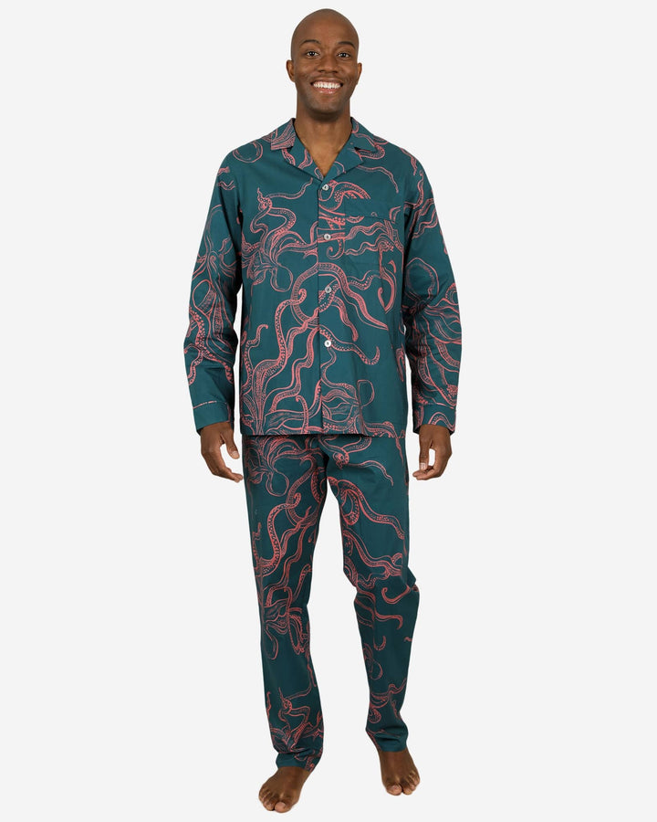 Green mens pyjamas with pink octopus from front