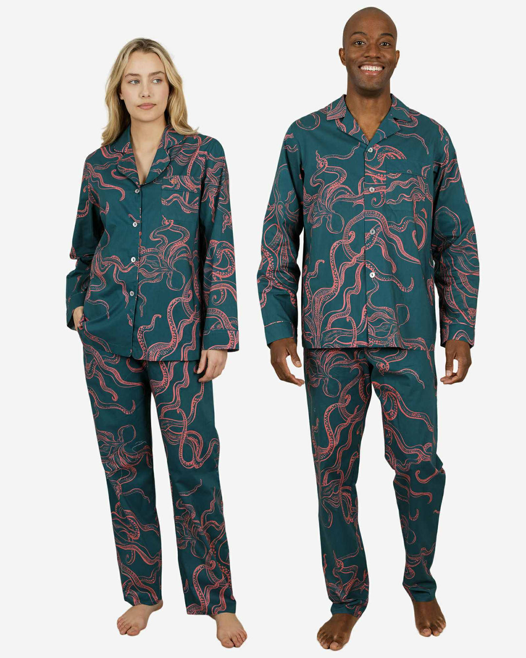 Matching pjs for couples in Octopus Pink – playful pyjama set with pink octopuses