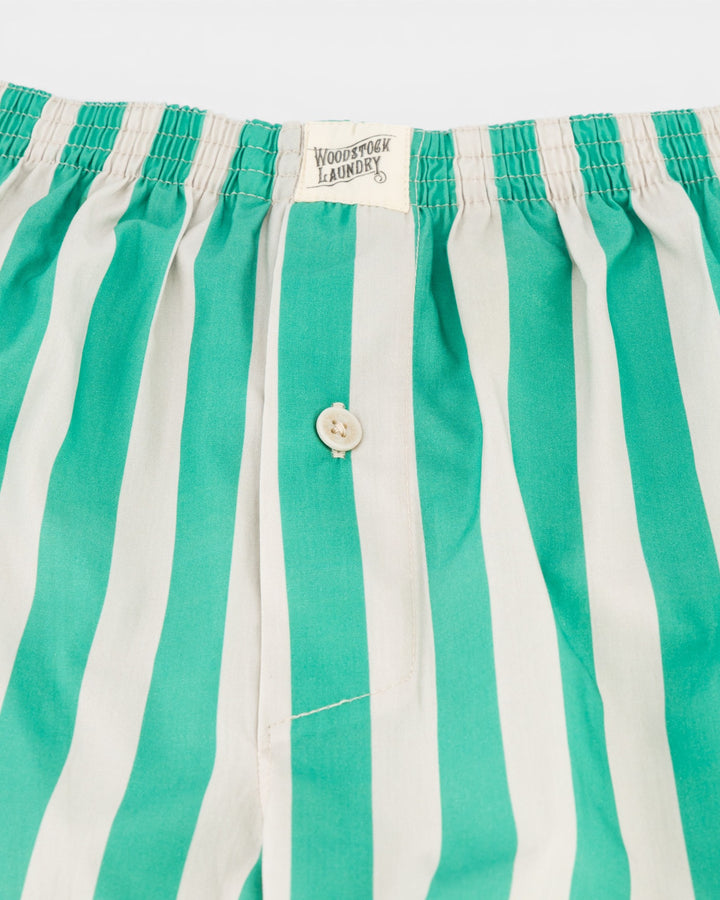 Close-up of mens beige and green striped boxer shorts in cotton poplin