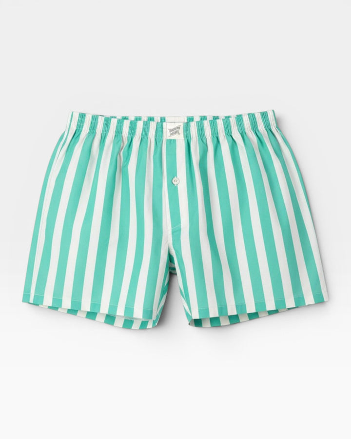 Mens beige and green striped boxer shorts in premium cotton poplin