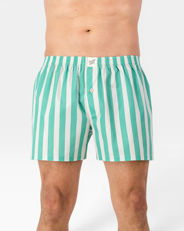 Mens beige and green striped boxer shorts inspired by Capri style