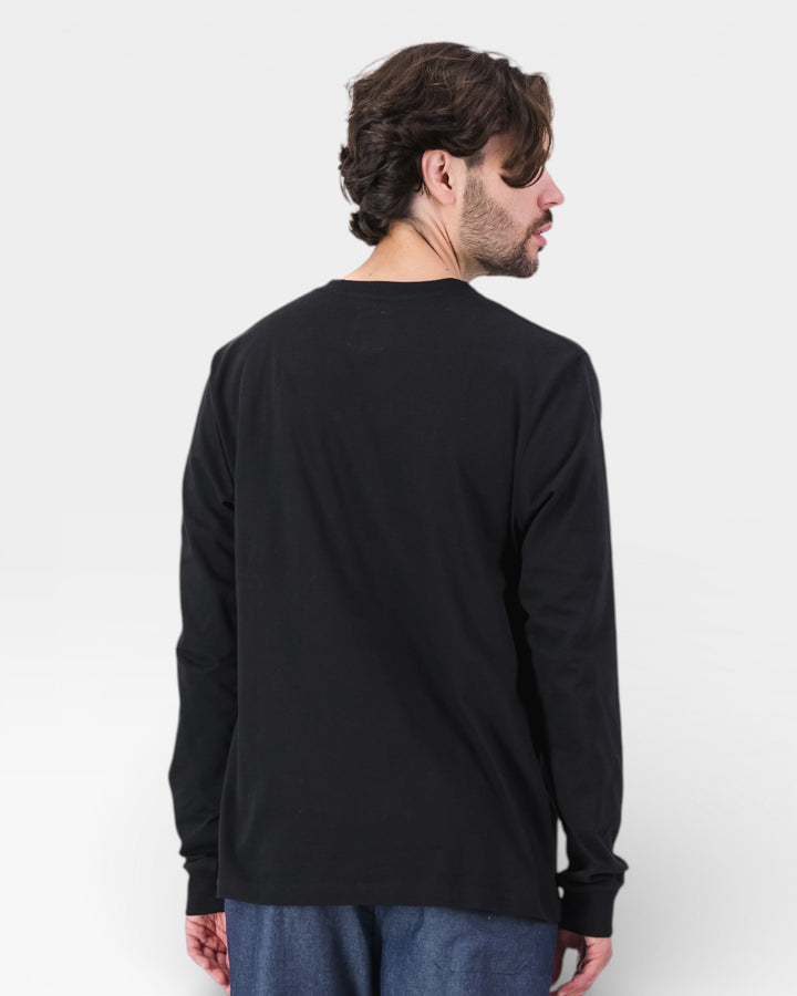 Man wearing a black long-sleeve shirt on a white background