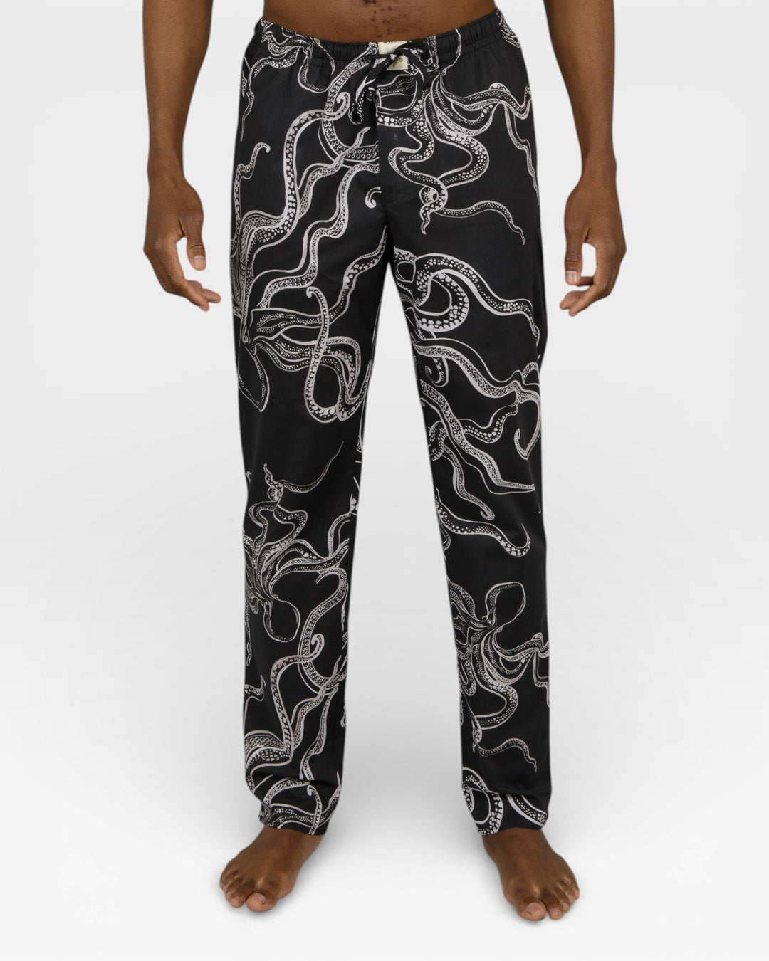 Mens black pyjamas with white octopus, trouser details
