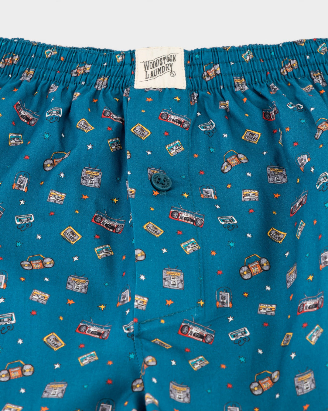 Mens blue boxer shorts with boombox and cassette print