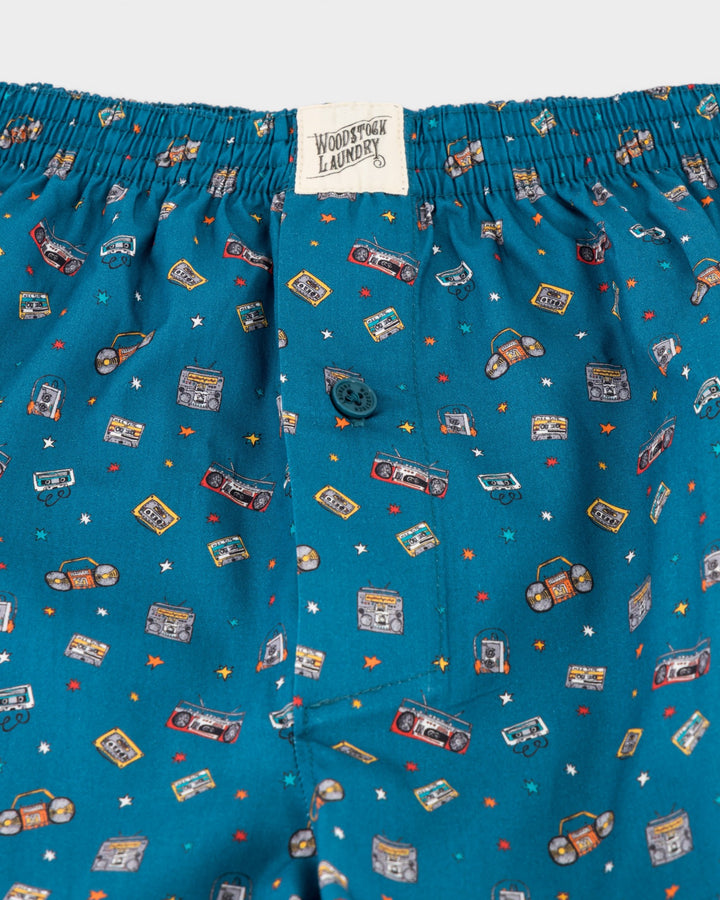 Mens blue boxer shorts with boombox and cassette print