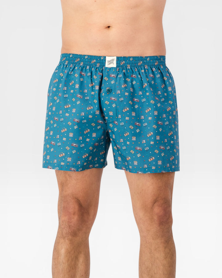 Mens blue boxer shorts with retro boombox print