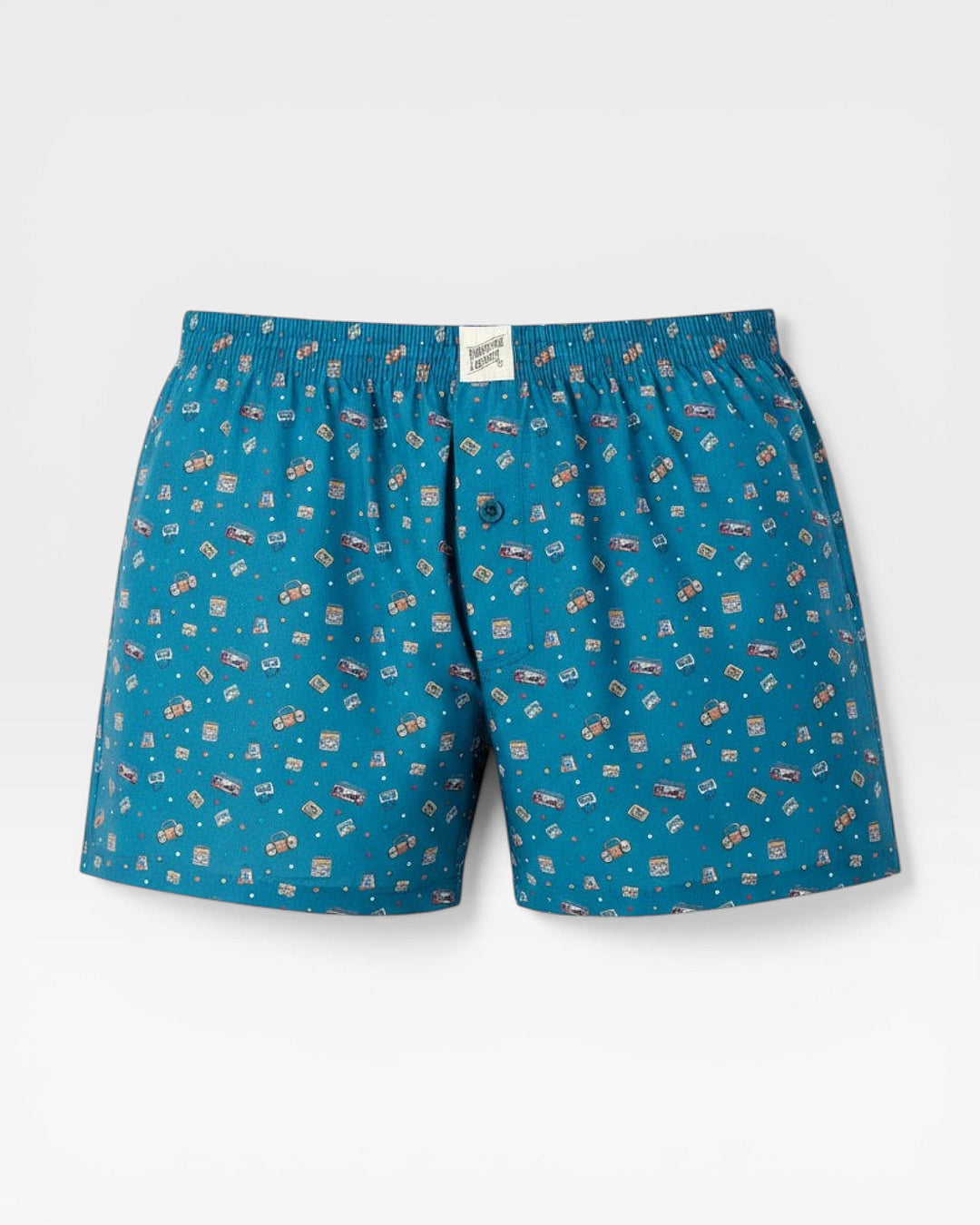 Mens blue boxer shorts with boombox and cassette pattern