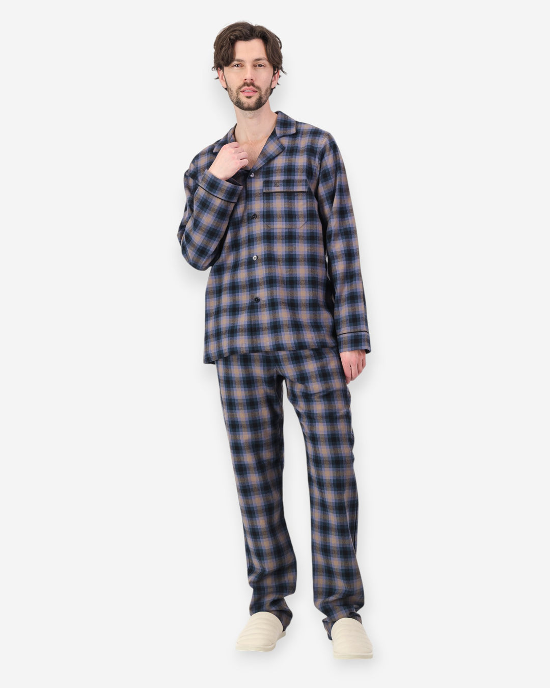 Mens blue brown checked flannel pyjamas