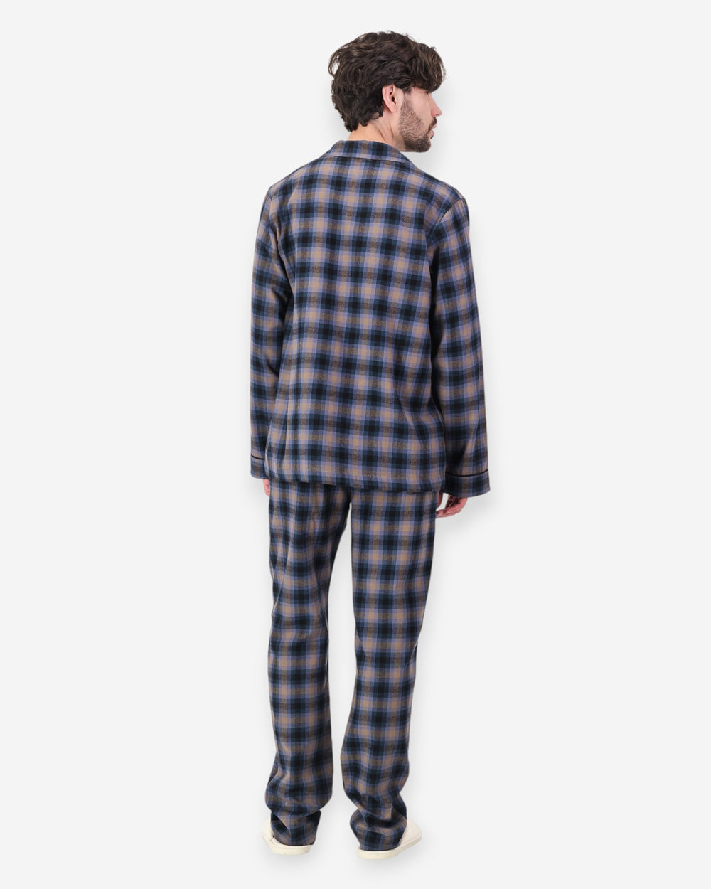 Mens blue brown checked flannel pyjamas