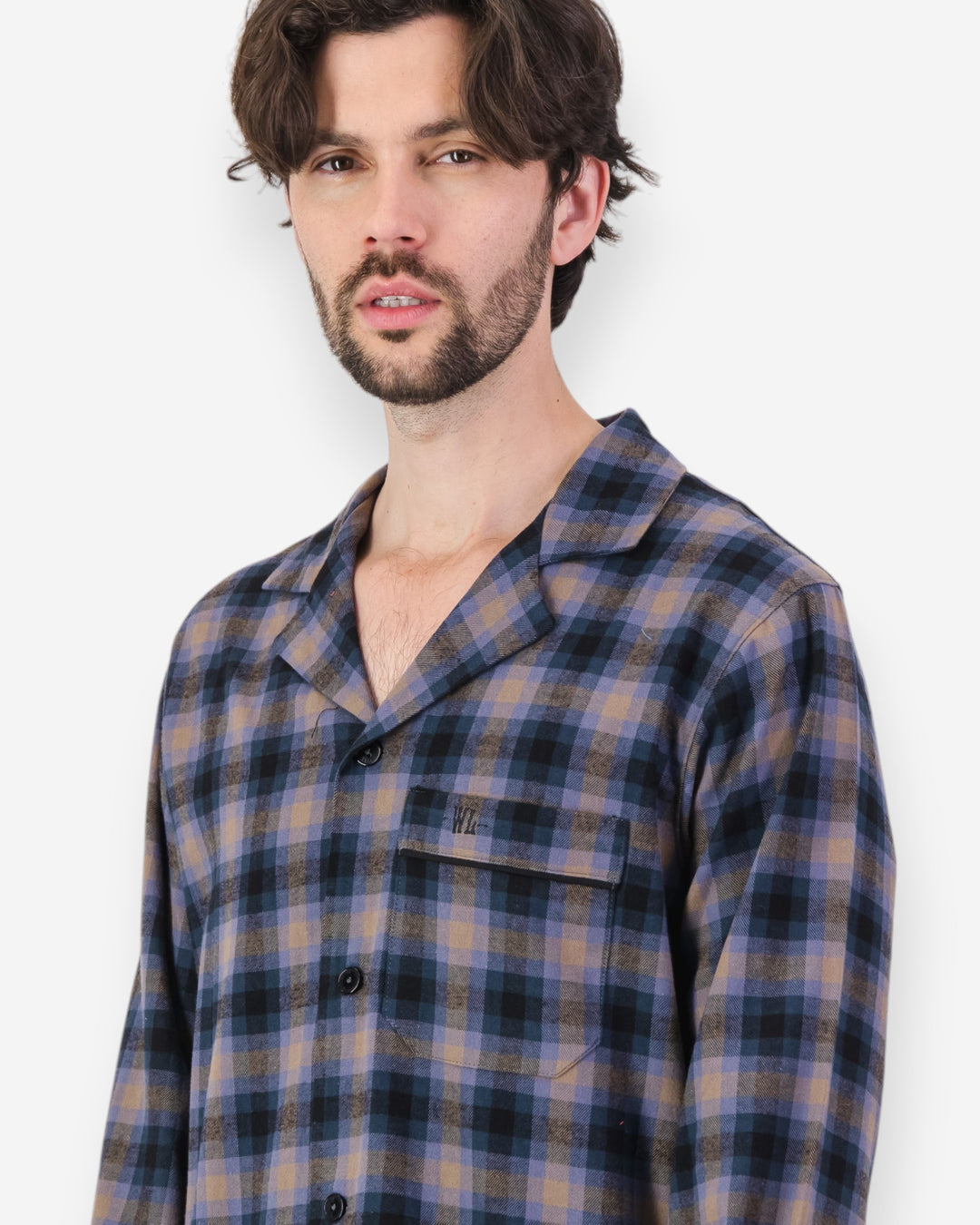 Mens blue brown checked flannel pyjamas