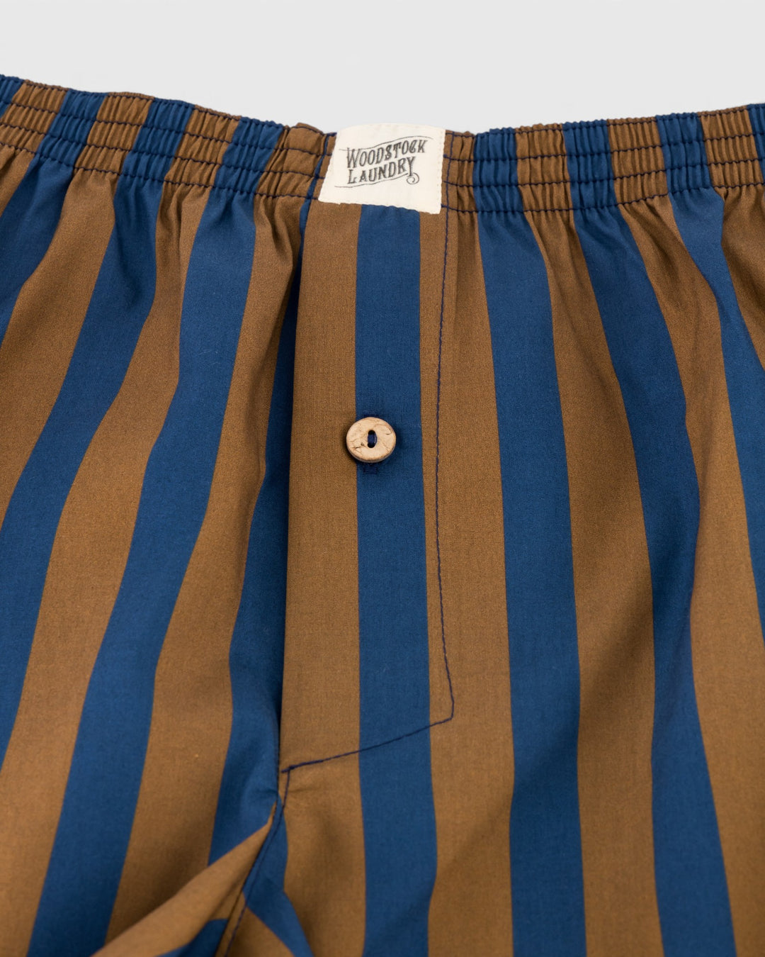 Mens blue and brown striped boxer shorts in premium cotton poplin