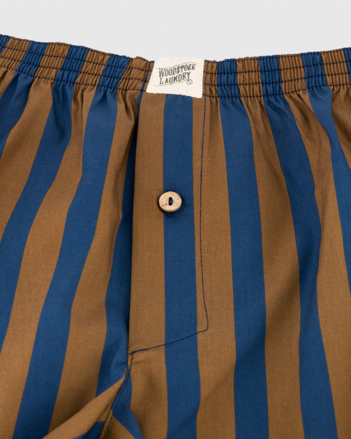 Mens blue and brown striped boxer shorts in premium cotton poplin