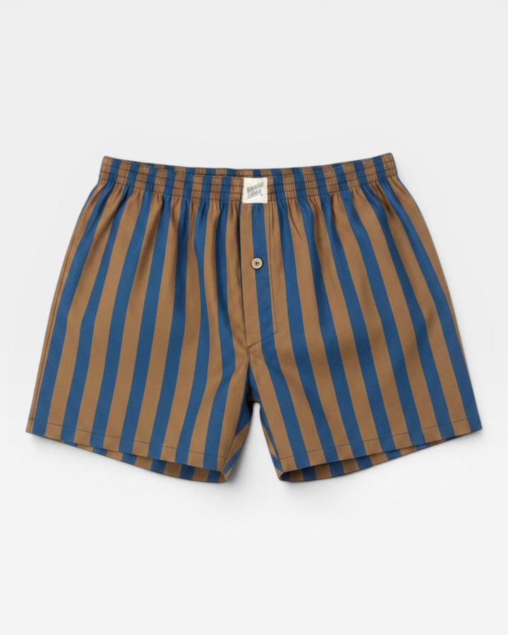 Mens blue and brown striped boxer shorts in premium cotton poplin