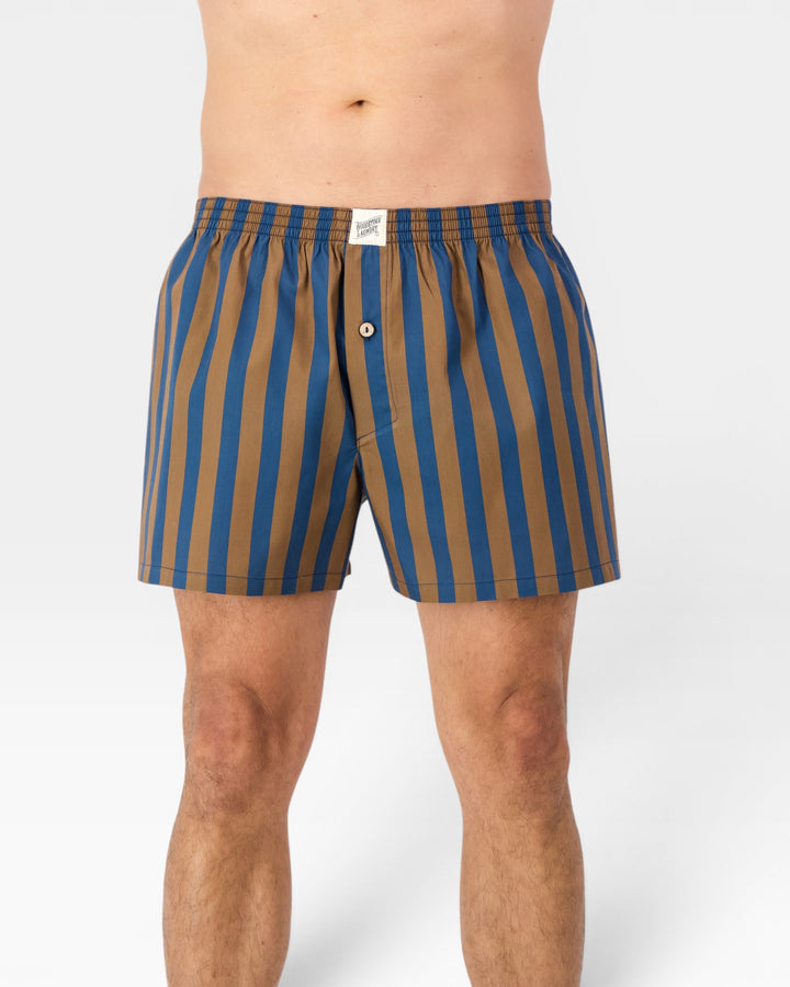 Mens blue and brown striped boxer shorts inspired by Riviera style