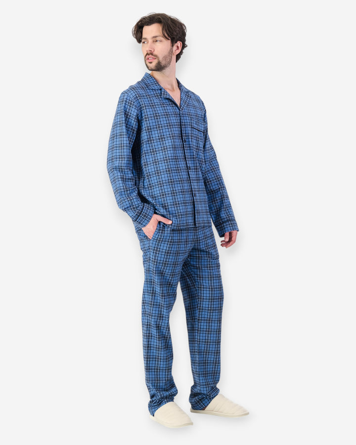 Mens blue checked pyjamas in flannel - camden blue