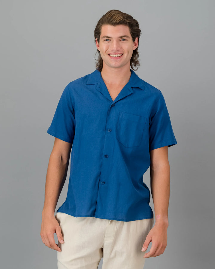 Mens blue linen shirt - short sleeve