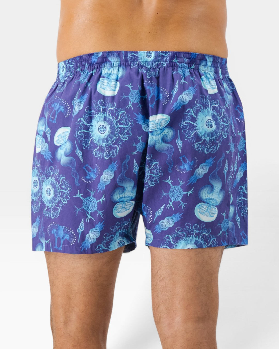 Back view of mens boxer shorts with a blue marine-inspired print