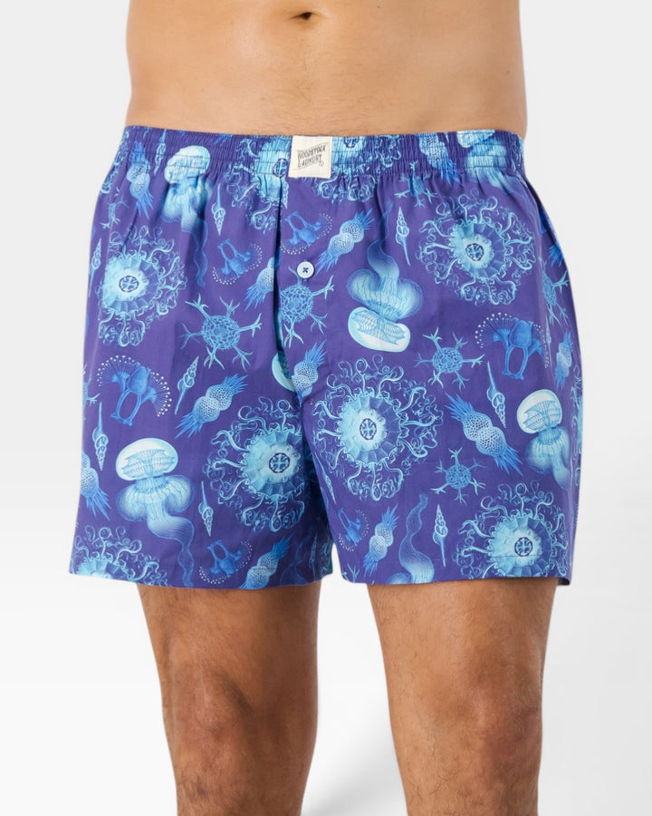Front view of mens boxer shorts with a blue marine-inspired print