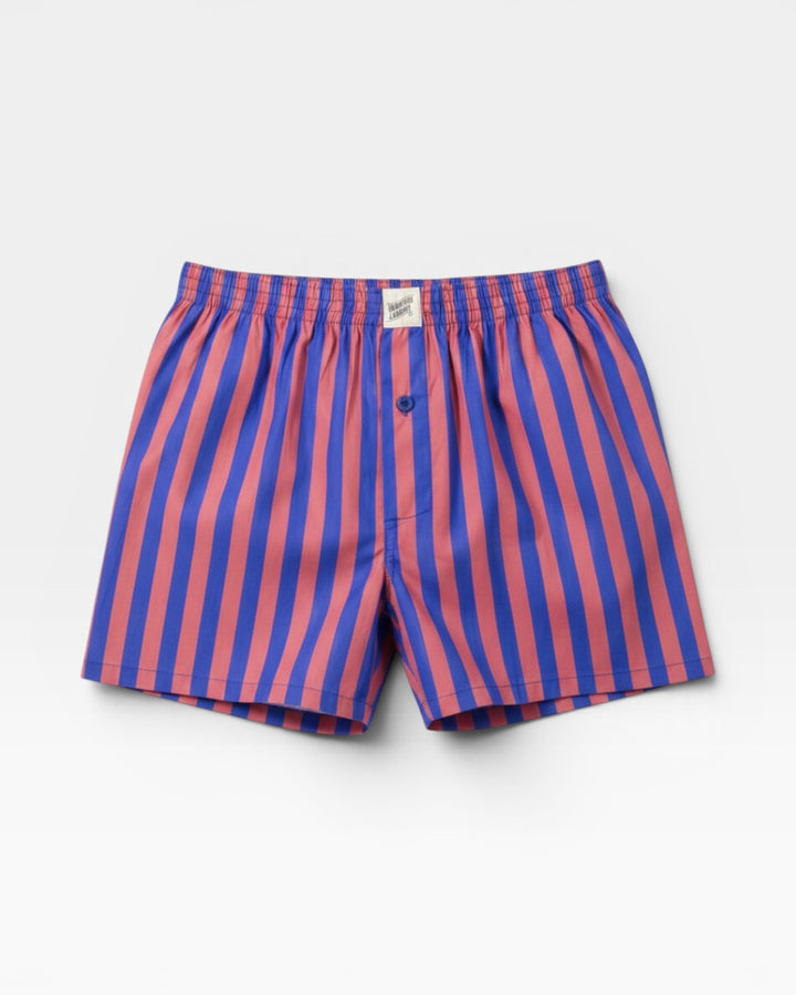 Mens boxer shorts with bold blue and red stripes