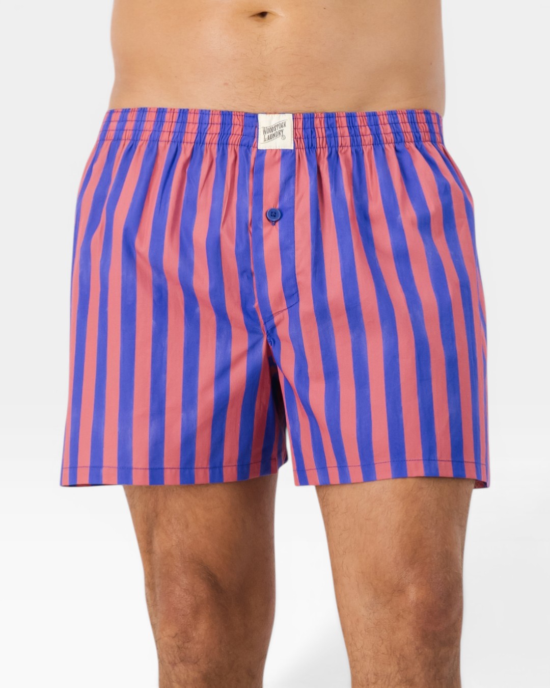 Front view of mens boxer shorts with bold blue and red stripes
