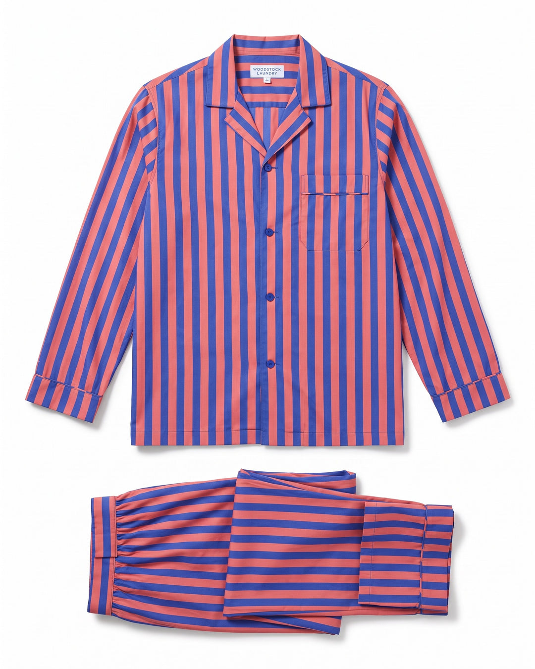 Yoko Positano mens blue and red striped pyjama set laid flat