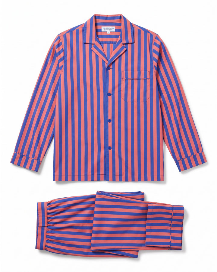 Yoko Positano mens blue and red striped pyjama set laid flat