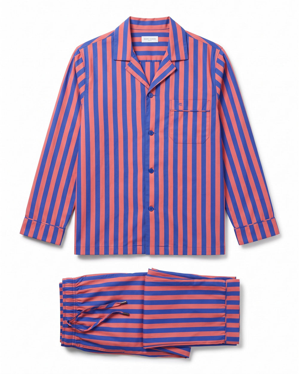A two-piece pyama set featuring a long-sleeve button-front top and matching shorts, both with vertical stripes in blue and orange-red, laid flat on a white background.