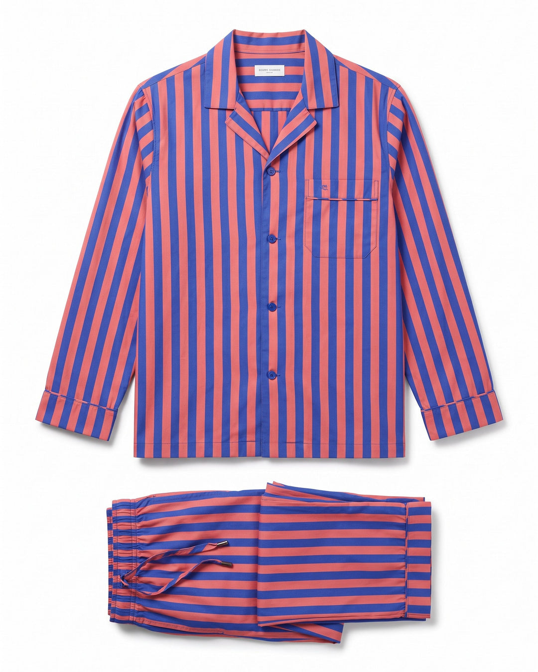 A two-piece pyama set featuring a long-sleeve button-front top and matching shorts, both with vertical stripes in blue and orange-red, laid flat on a white background.