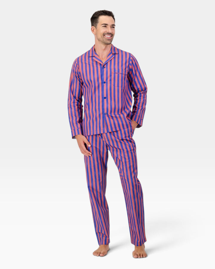Mens Yoko Positano blue and red striped pyjamas – front view