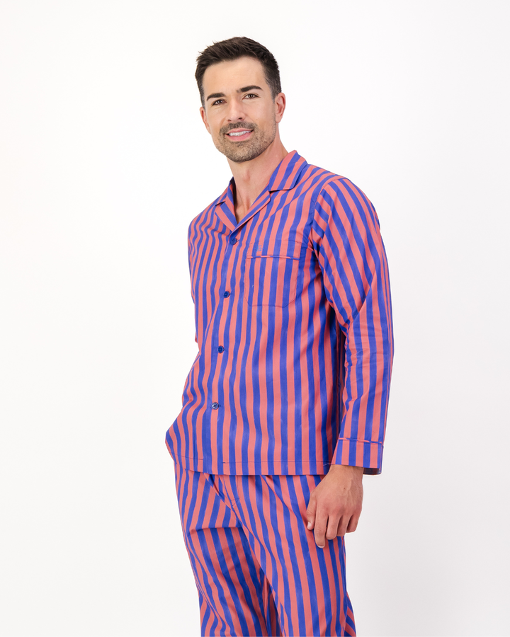 Mens red and blue striped pyjamas shown from a three-quarter view