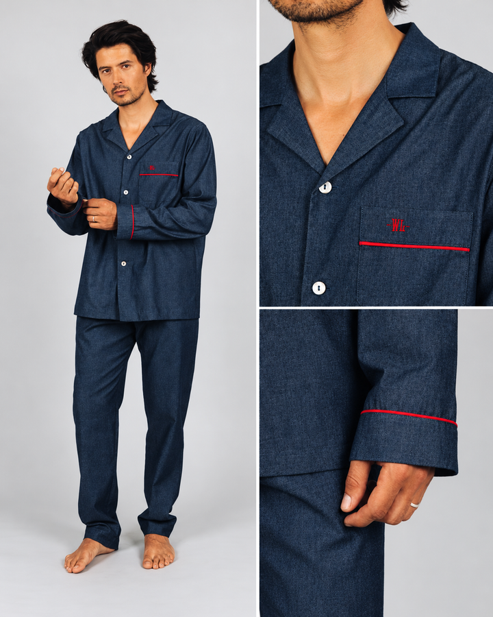 Mens dark blue denim pyjama set.