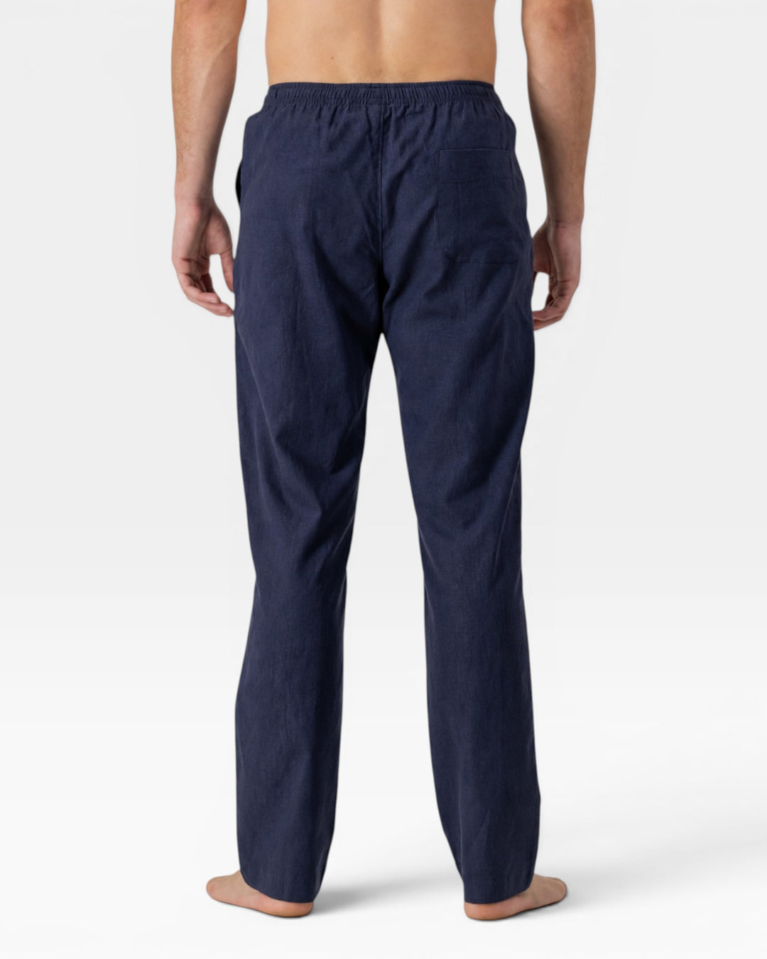 Mens dark blue linen pants from the back