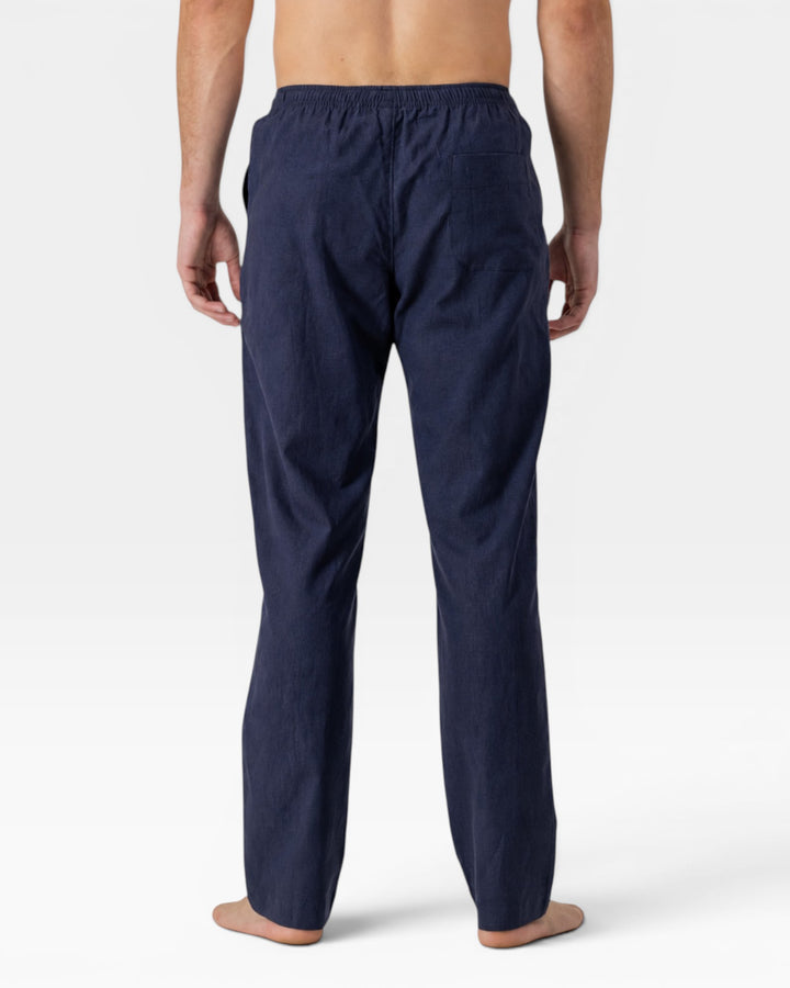 Mens dark blue linen pants from the back