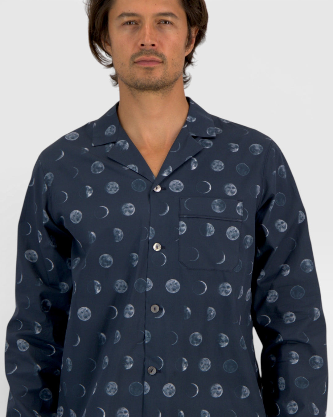 Mens deep blue pyjamas with moon phases