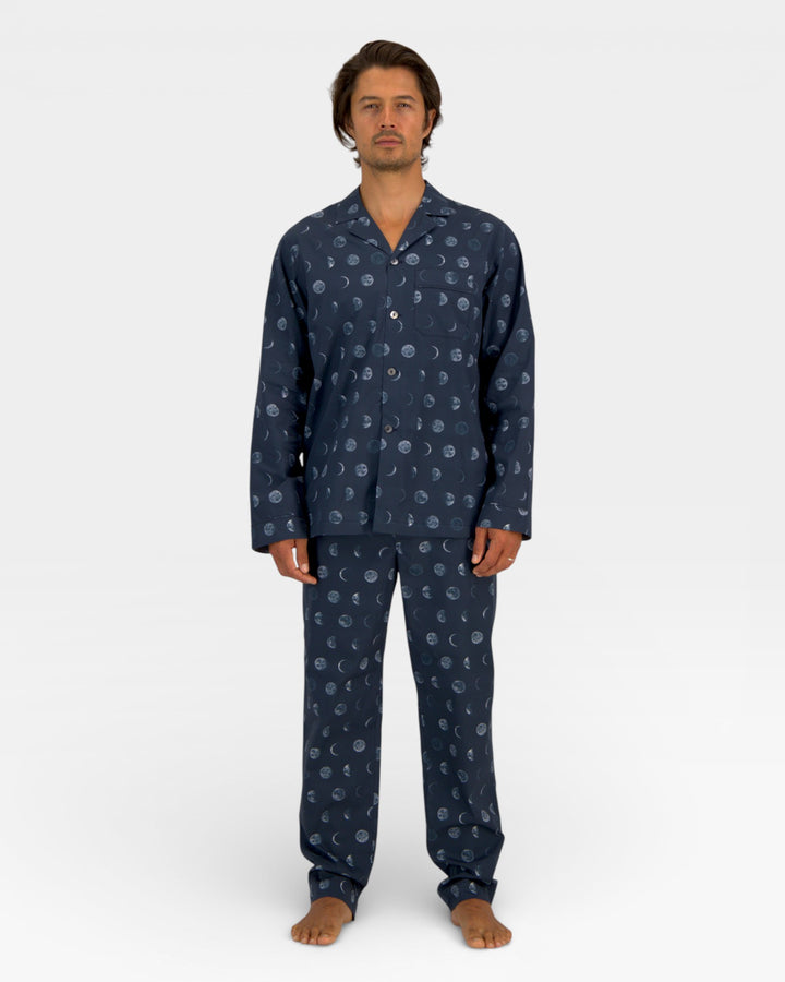 Mens deep blue pyjamas with moon phases